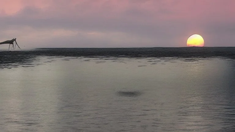 evening calm atmosphere, lake + moon, figure of a horse rider on the horizon