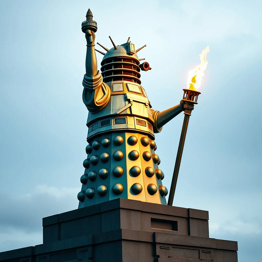 statue of a Dalek on Statin Island, with a torch, dressed as the statue of liberty