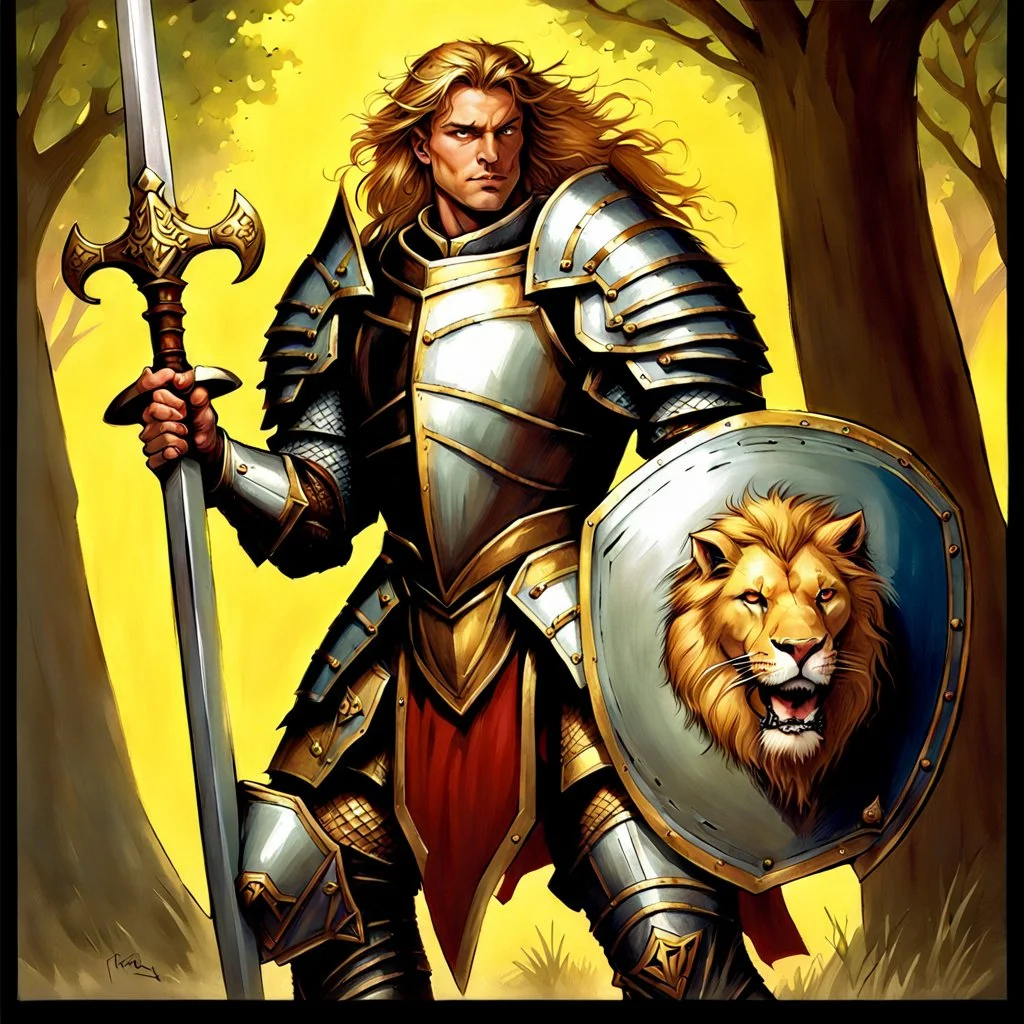 90's fantasy tcg art male knight with lion armor