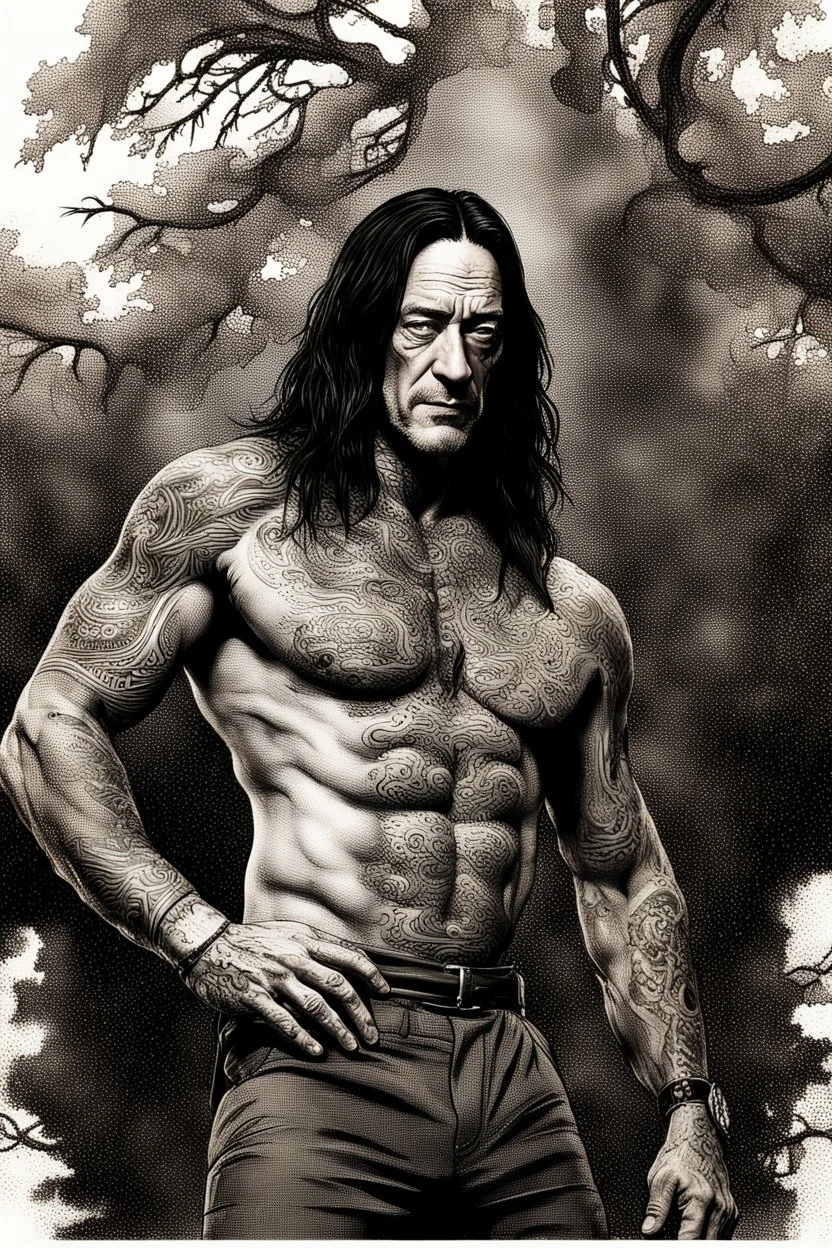 Jason Isaacs Very muscular man with long hair and tribal tattoos in armani suit in forest, realistic face, close-up, brutal, dark fantasy, smoke in the sky, lightnings, rain, intricate details, hyper detailed