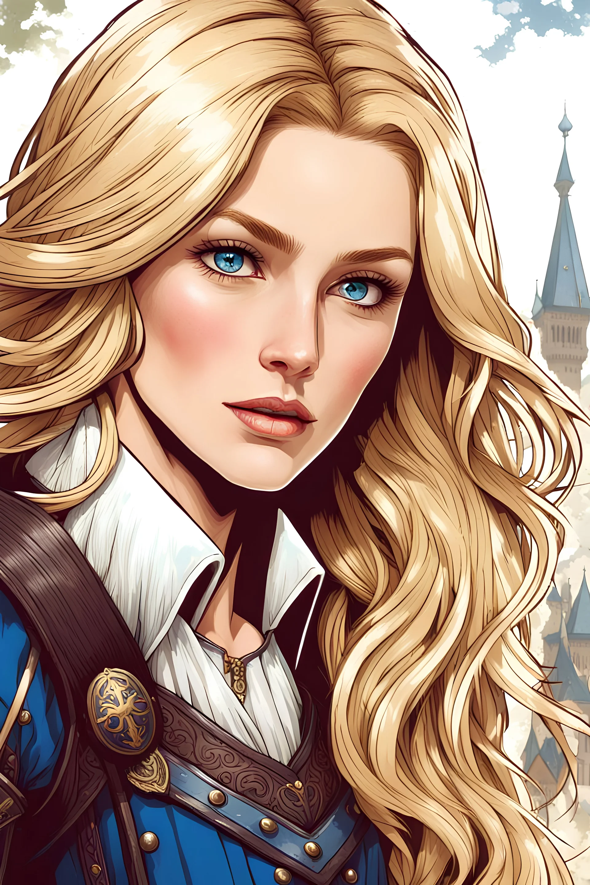 a beatiful female landsknecht. blonde long hair. blue eyes. pale white skin.