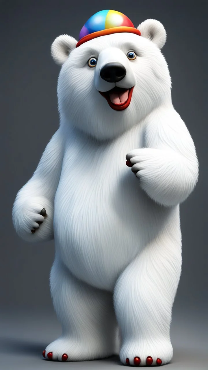 polar bear clown angel, in the style of Pixar, expertly crafted in a whimsical and vibrant cartoon style. is masterfully rendered in a lifelike 3D design, which captivates viewers with there irresistible charm.