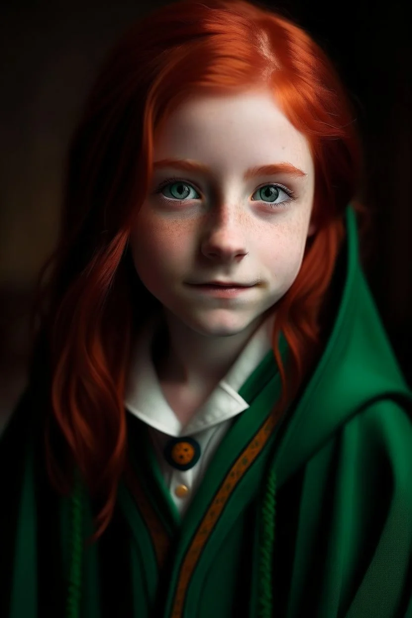 A cute girl with red hair and green eyes and she is wearing a Hogwarts robe