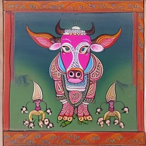 cow with wings holding a lotus and chakra in Indian painting style