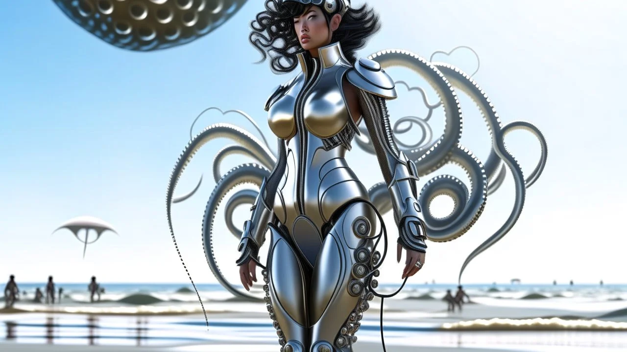 A woman with dark hair in a silver robotic catsuit, standing on a beach with flying mushrooms looking like parasols, with octopus tentacles in the air