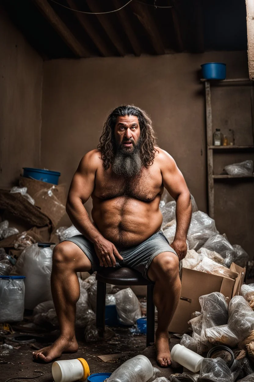 full figure shot photography of an angry dirty wet sweat strong hairy big short beefy burly ,39 years old ugly angry arab , big nose, bull neck, short beard, dreadlocks, shirtless, manly chest, big belly, bulging shorts, emotive eyes , sitted on a chair relaxed ,belly up ,open legs, on a pile of garbage, angry eyes, big shoulders, side light, top view, aerial view