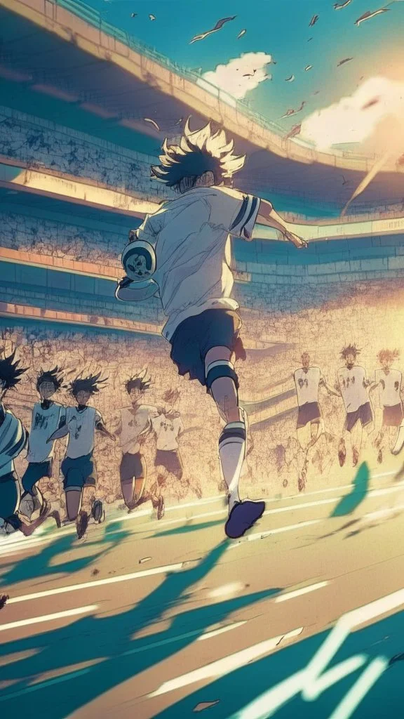 anime soccer player running as fast as the light, crowded stadium in the background