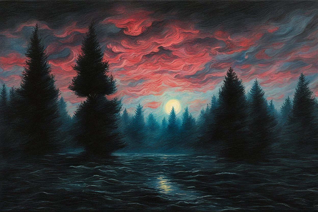 Trees, night, clouds, 2000's sci-fi movies influence, rodolphe wytsman impressionism painting