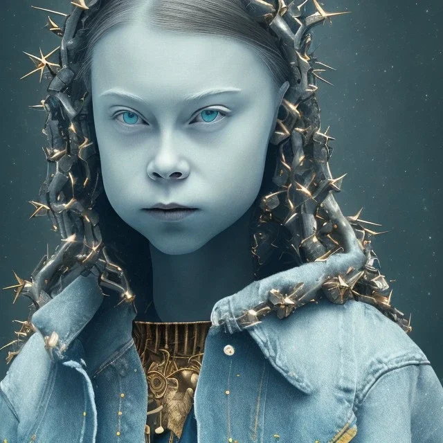  iron-ore mine Greta Thunberg Indigenous people in Swedenmedium shot portrait, a monstress, wearing a denim jacket, realistic face, soft, red spiked hairstyle, delicate, green square eyes, intricate gold details on face, cyberpunk, powerful, horror, sharp focus, octane render, post-processing, epic composition, elegant, studio lighting, fiona staples, mandy jurgens, david finch, guillermo del toro