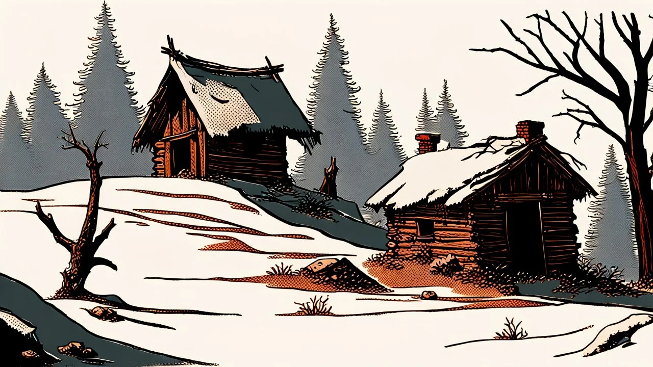 a lonely old adobe hut with worn adobe brown-gray wall and a small window, a crumbling roof, an old chimney stands on a hill, next to it is a small woodshed by the wall, and an old withered tree leans over the hut on thr old tree sitting a black crow, the hut stands on the edge of a European forest, winter, snowy landscape, low light, dawn, snow, high detailed, sharp focus, high realistic, perfect photo