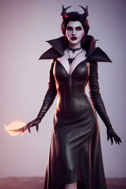 Morrigan Hel as evil queen in black leather gown, cleavage, angry, unreal 5, octane render,cinema4d, dynamic lighting, dramatic lighting, 4k, redshift render, highly detailed, hyper realistic