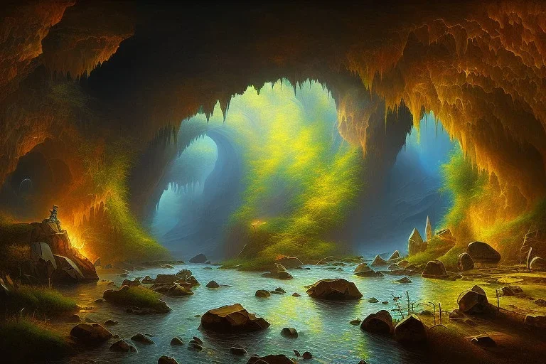 Neo-Impressionist cave, Pre-Historic, Fine Art, high quality, fine detail, moody,