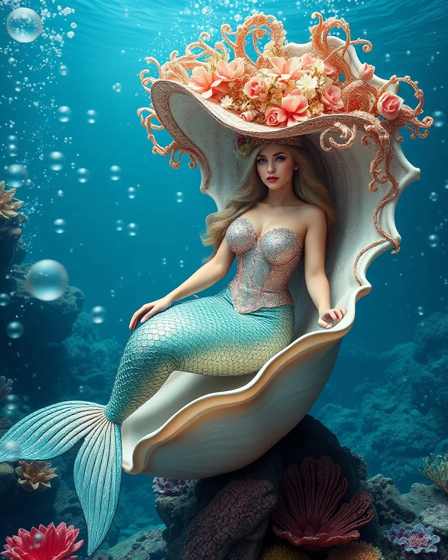 realistic photo rendering picture full body beautiful Mermaid sit pose on large mollusk shell,she wearing luxurious shimmer hat large made from borroque elements flowers sea, seaworld,underwater full of sorrounded bigbubble waters