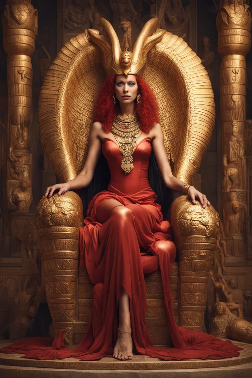 A mature Egyptian goddess with red hair and amber eyes, wearing a red silk gown and a necklace of scarabs. She is sitting on a throne made of gold, carved with the head of a wise and ancient dragon