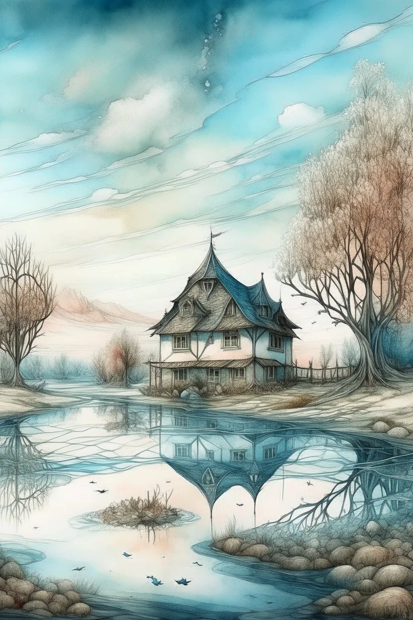 The place where the Dream and its followers live. A reflection of the sky. Watercolor, new year, fine drawing, beautiful landscape, pixel graphics, lots of details, pastel aqua colors, delicate sensuality, realistic, high quality, work of art, hyperdetalization, professional, filigree, hazy haze, hyperrealism, professional, transparent, delicate pastel tones, back lighting, contrast, fantastic, nature+space, Milky Way, fabulous, unreal, translucent, glowing