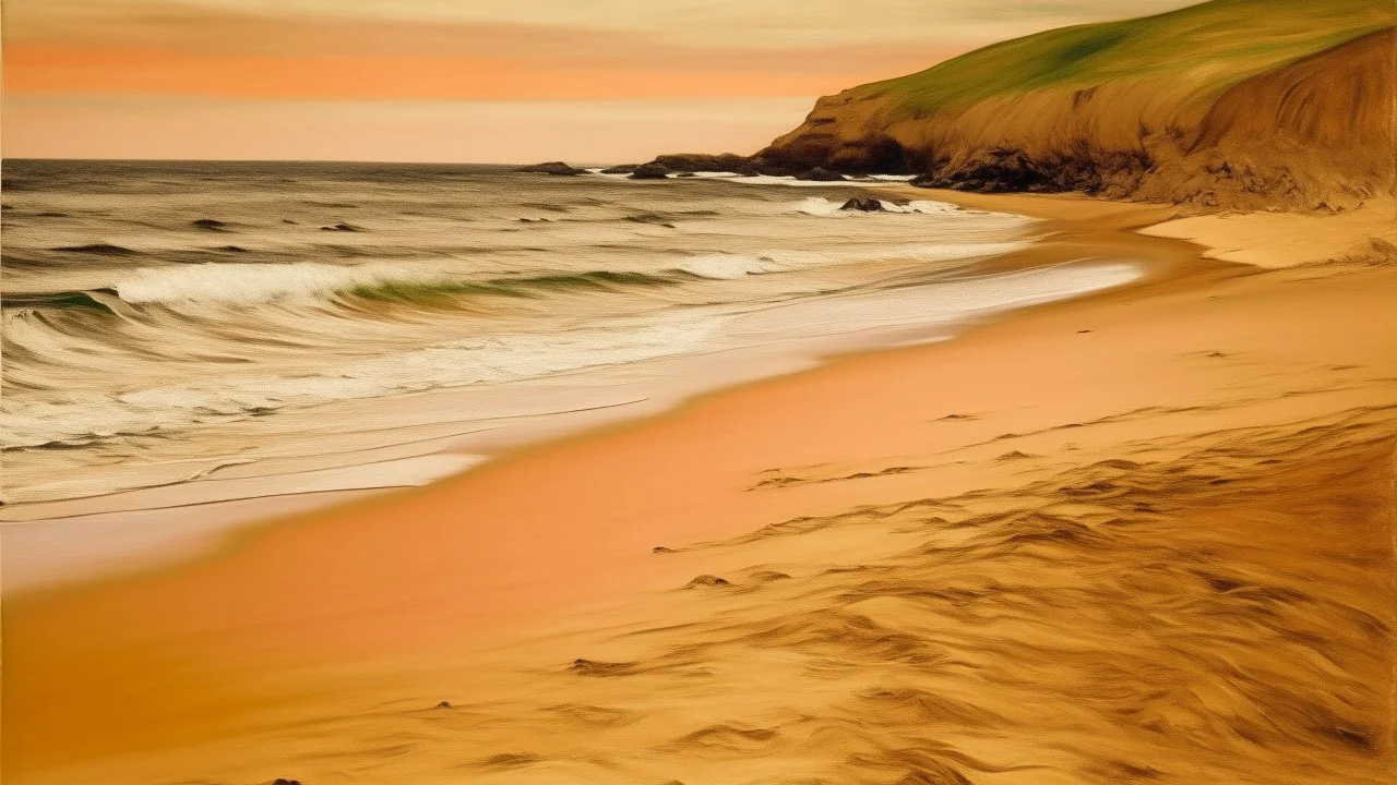 A light rosy orange colored beach near a cove painted by Edvard Munch