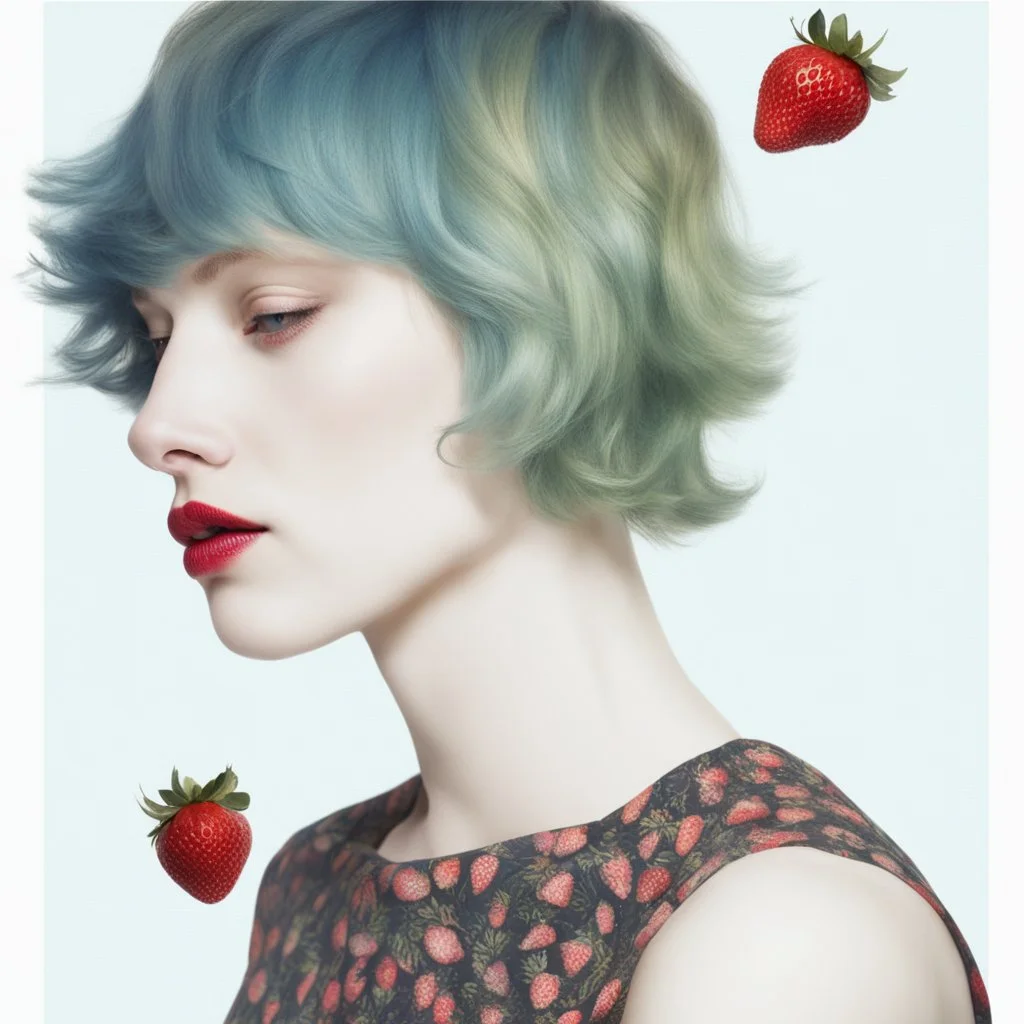 I want a man merged with a strawberry with pixie-cut hair,