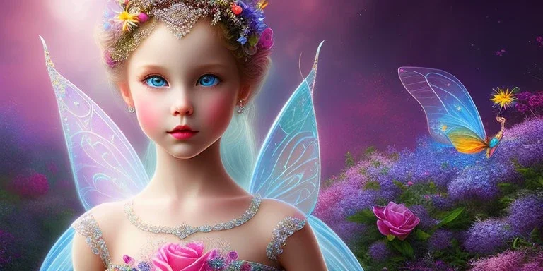 bright fairy, beautiful portrait, flowery landscape