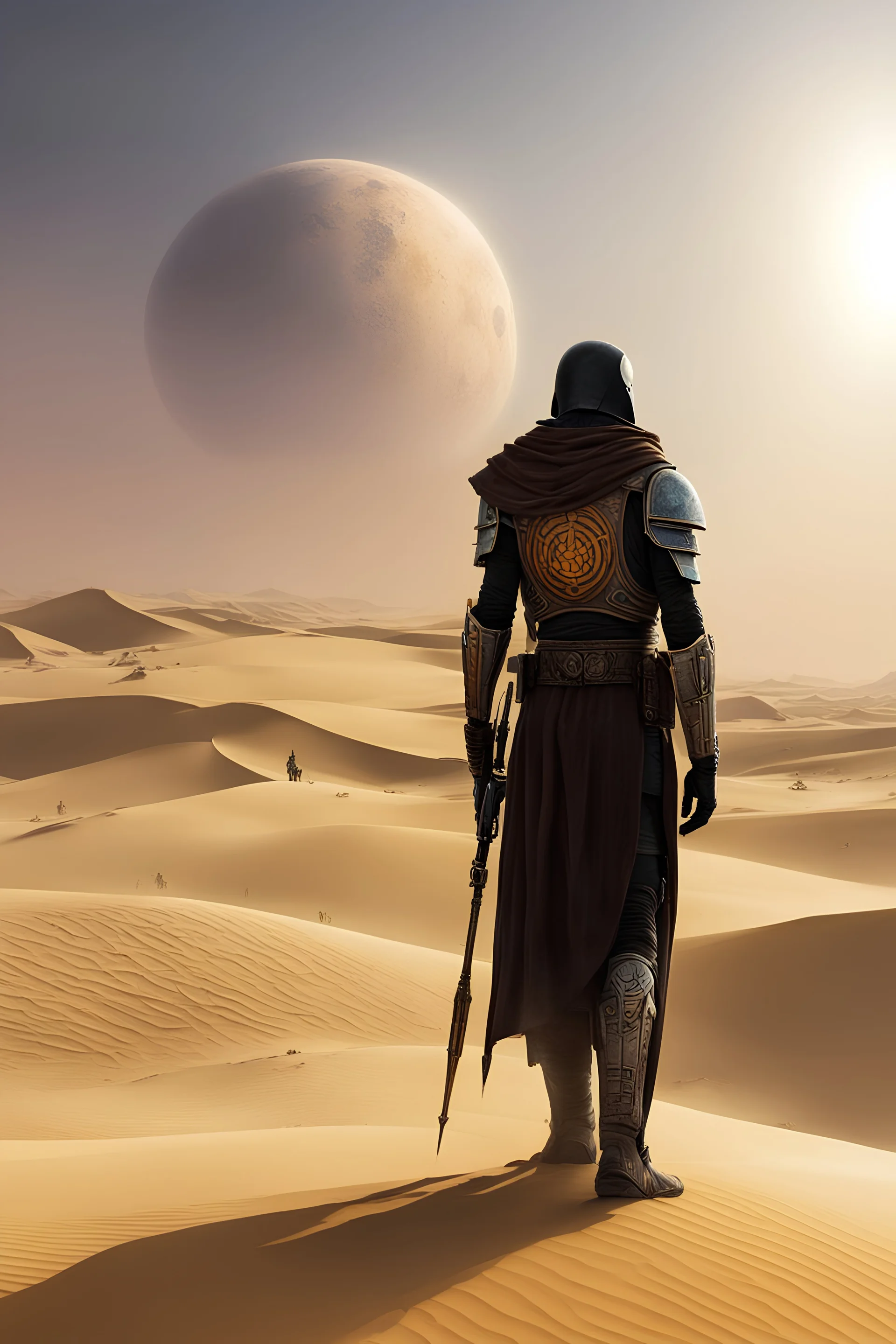 [tattoo covered youthful sentinel] The twin suns sink low on the horizon as Tarren Dustwalker stands sentinel upon the dune, inked flesh shifting in their dying light. He is the last guardian of Tatooine now, all other Defenders fallen these past moons. Tarren's tattoos witness that long he has kept his lonely vigil here. His keen eyes note every grain of sand, searching for any threat borne on the fading breeze. One hand rests lightly upon the haft of his well-worn axe, callused fingers wrappin