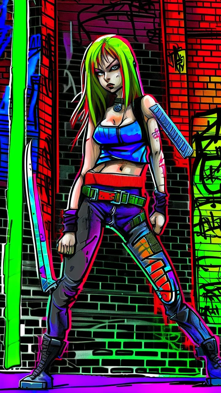 teen woman in retro-futurist cyberpunk costuming with pants and sheathed swords leaning to the side with shoulder against a brick pillar, add a background of brick with graffiti of a large arrow pointing to the right and text of the word "PUB" on lower left