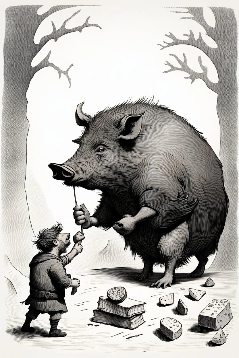book illustration, With the wild boar snorting, our brave dwarf stumbled. On day two, he regrouped, plotting a clever scheme, With a giant cheese wedge, he is feeding it
