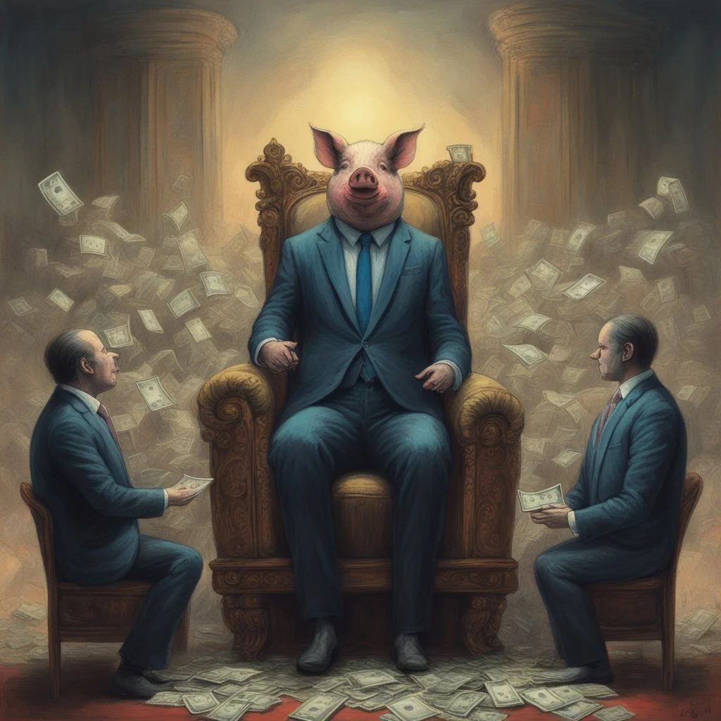 rich pig in suit on a throne making stacks of money by making a deal with a buisnessman. background of musicians. Payday payday. beksinski style.