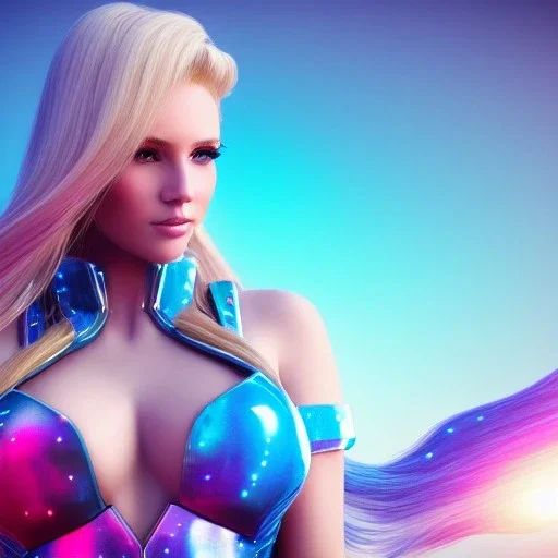 Beautyful woman,galactic , cosmic armor,hair long blond, blue eyes, happy cosmic, bright colors, blue, pink, realistic, photo real, clear sunny background, highly detailed, high contrast, 8k high definition, unreal engine 5, extremely sharp detail, light effect, sunny light background