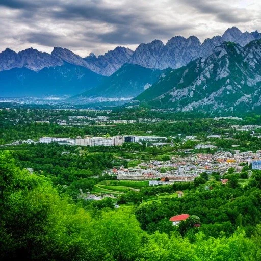 large city in the green valley between the mountains