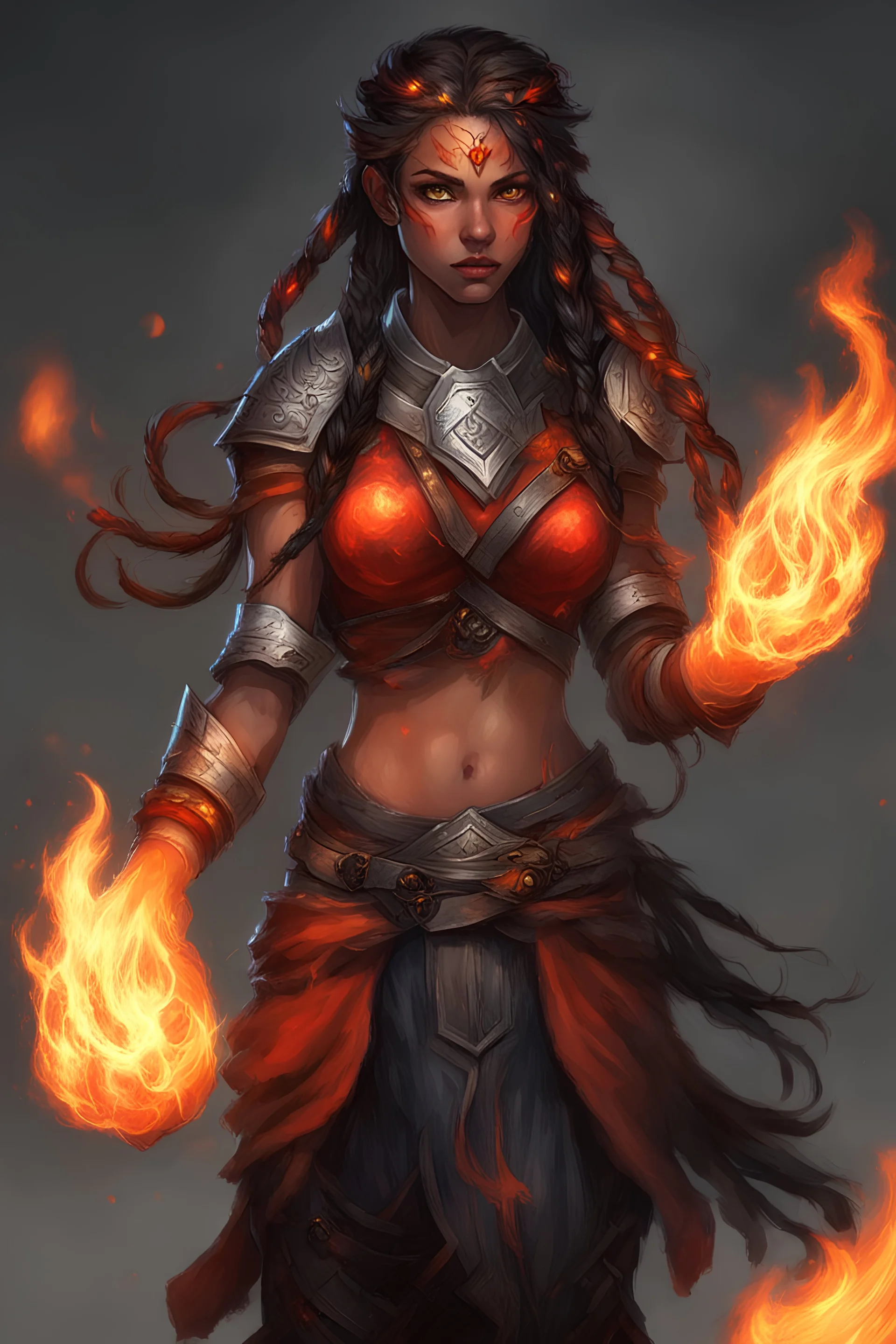 Paladin druid female with fire abilities. Makes fire with both hands.Hair is long and bright black some braids and it is on fire. Eyes are noticeably big red color, fire reflects. Has a big scar over whole face. Skin color is dark