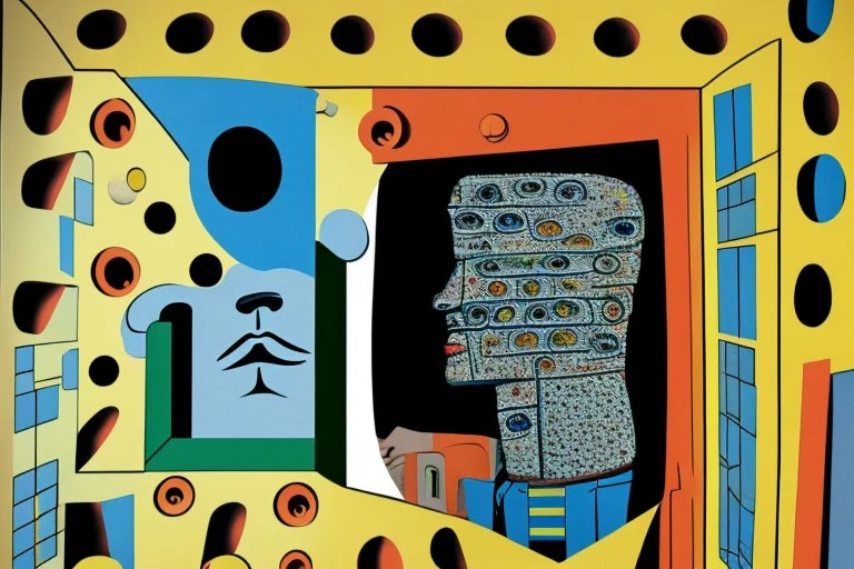 man with head inside a Hole in the wall bank machine in the style of Eileen Agar