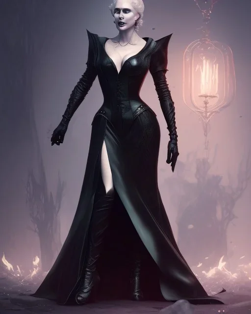 old evil queen in black leather gown, femme fatale, volouptous, busty, cleavage, angry, emperious, 8k resolution concept art portrait by Greg Rutkowski,