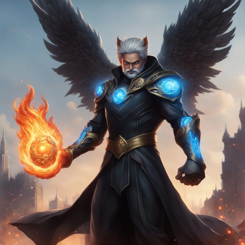 A 25 years boy persian in matte black robes with flaming eyes with grin with flaming light blue pupils stands atop a squire Two infinity gauntlets contain six infinity stones, one of which is made with nano In the hands of a powerful man walking While standing on a majestic height from afar With two big wings