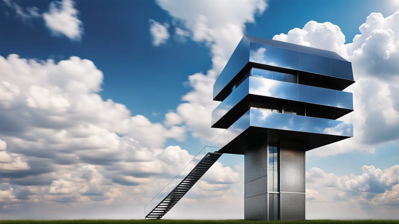 a high photorealistic futuristic unique metal house floats in sky between big clouds, high textures, blue sky, sunshine, Professional photography, bokeh, natural lighting, canon lens, shot on dslr 64 megapixels sharp focus, stunnig