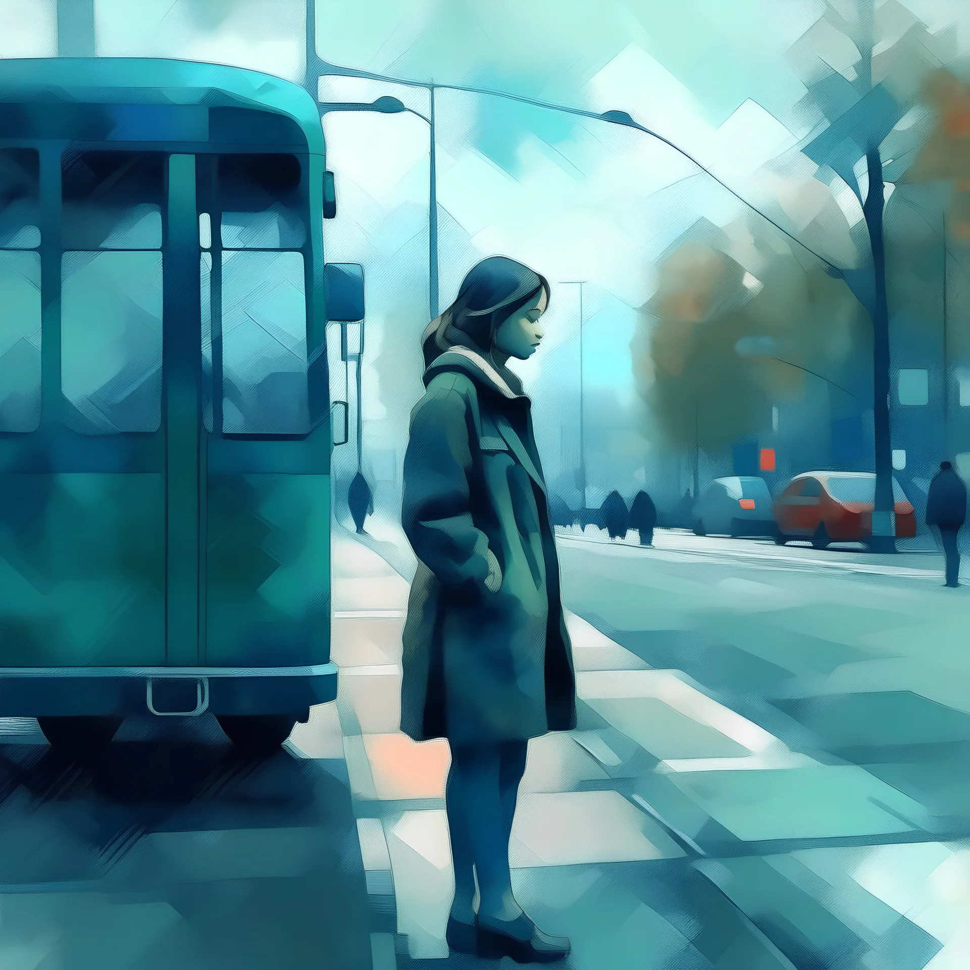 una mujer esperando el colectivo en un entorno urbano, estilo artístico impresionista