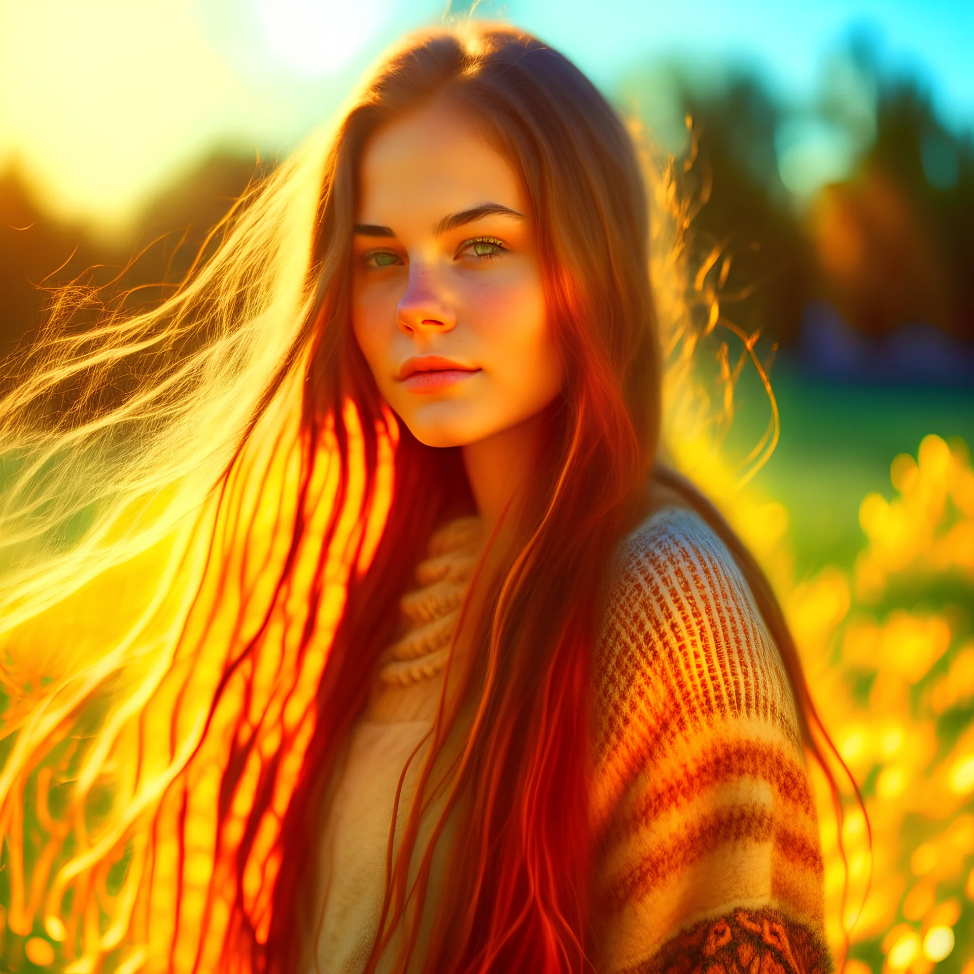 Young woman with long hair made of wool, in the sun