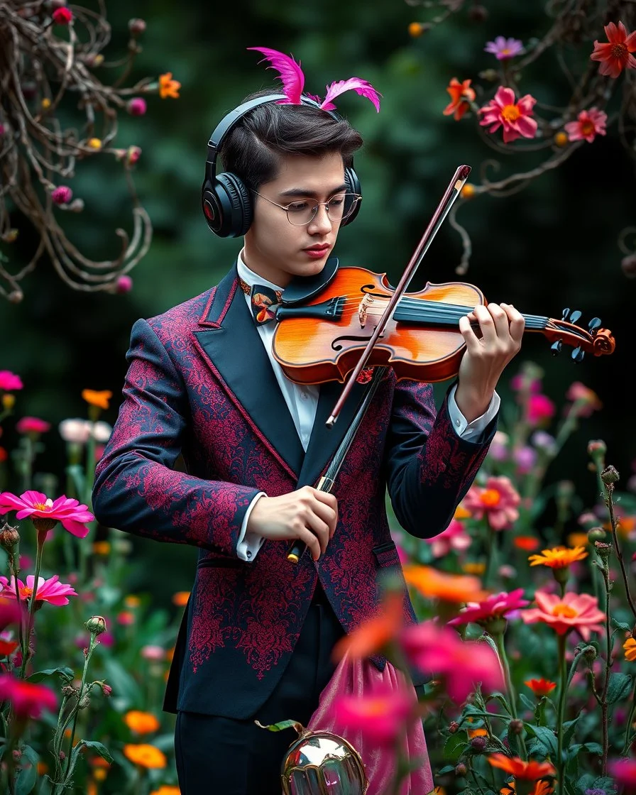 Gorgeous Realistic Photography a handsome young man a stunning adorned in vibrant luxury carnival attire, headphones,playing violin standing in garden park flowers,ethereal beauty, black background, with swirling colors and fantastical tiny flowers, enchantment and grace, twisted vines, whimsical, surreal landscapes, emotive style, dreamlike quality, and magical realism, carnival red, ethereal pink, whimsical blue, vibrant green, celestial purple, golden amber