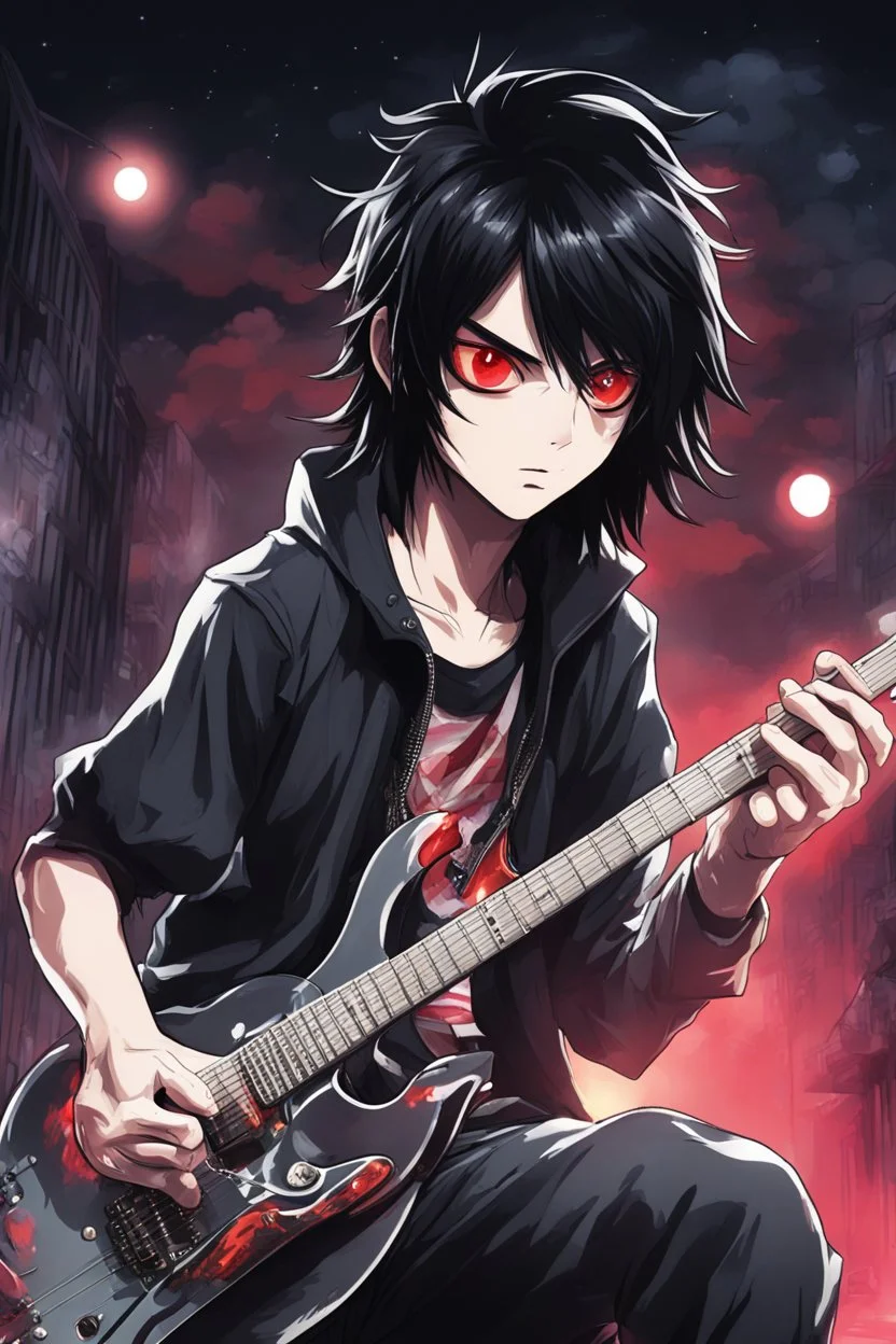 A young 25 years old guitarist playing guitar at a midnight concert, red alien eyes, black hair, athletic build, in the style of manga "Rosario+Vampire"