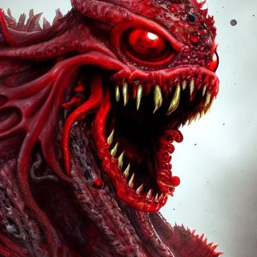 red, monster, tentacles, teeth, horror, detailed, realistic, gore, eyes, 8K, fantasy, scary, demonic, hyperrealism, huge, blood, creature, highly detailed, volumetric lighting, sharp focus, elegant, photorealism, dramatic