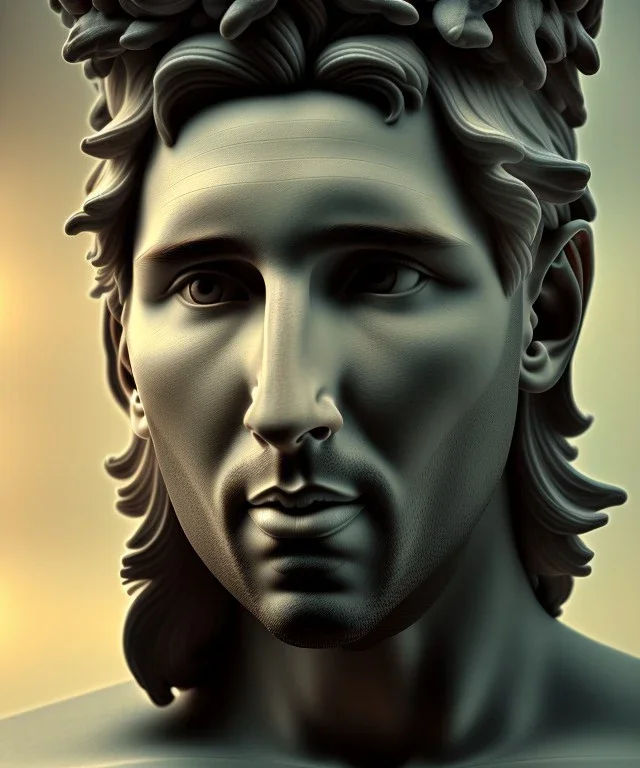 Realistic image, classic sculpture, marble material, Lionel Messi with Laurel wreath model, miguel angel style, God light, god rays, 4k resolution, perfect details, ornate details, soft lighting, unreal engine 5, soft cyan background.