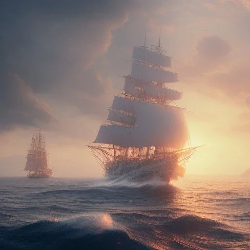 photo of a ultra realistic sailing ship, dramatic light, pale sunrise, cinematic lighting, battered, low angle, trending on artstation, 4k, hyper realistic, focused, extreme details, unreal engine 5, cinematic, masterpiece, art by studio ghibli, intricate artwork by john william turner