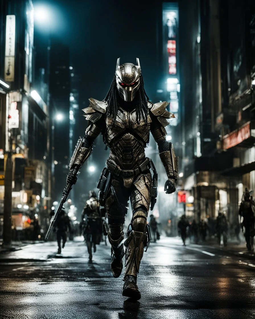 full image street photography art Predator movie character, anthropomorphic figure,weapons, run on night city street