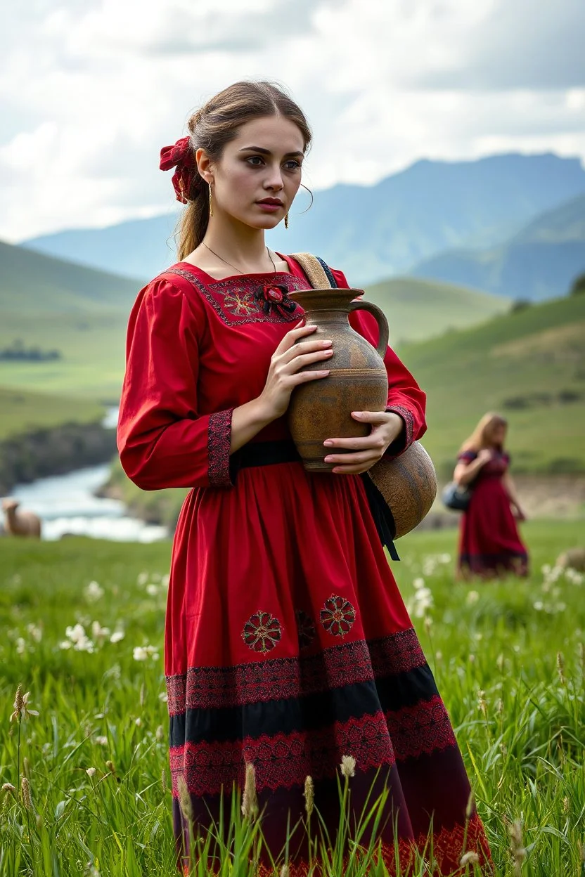 a woman in a red dress holding a vase, creative colorfull - makeup, with professional makeup, hand built ceramics, very very very beautiful face , nice country side with hills ,waterfall over a river with clear water,girls with perfect pretty face in folk costums and a jar, filling their jugs with water and some of them leaving while carring there jugs in there shouldes and 1beautiful girl with jug in shoulder in closeup , very nice mountains at distant, nice clouds in sky ,wide green field with