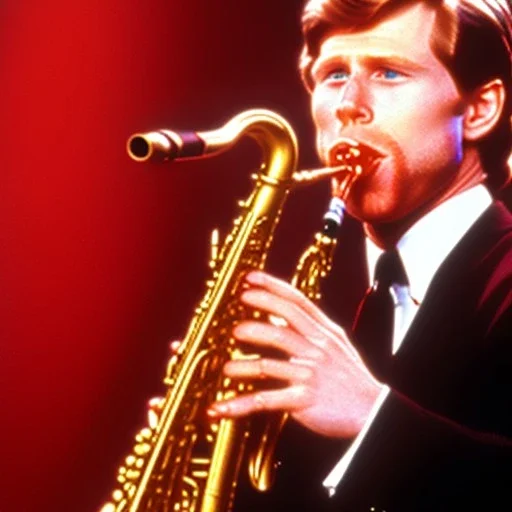 REd-haired Ron howard Is richie from happy days playing the saxophone with his "eyes closed", rock band, embouchure, woman