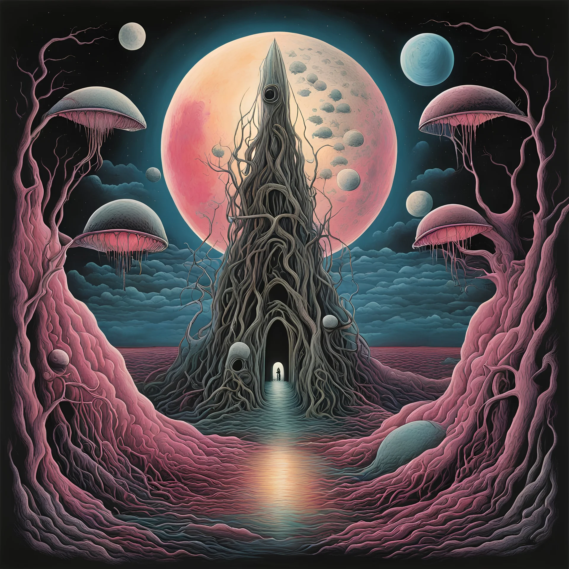 Prog rock album cover art, embryonic moon gloom, strange gurgling whisper low, morbid, surrealism, creepy, artistic, by Wotto, bright vivid colors, cel shaded, existential angst, sharp focus, sinister, by Pink floyd