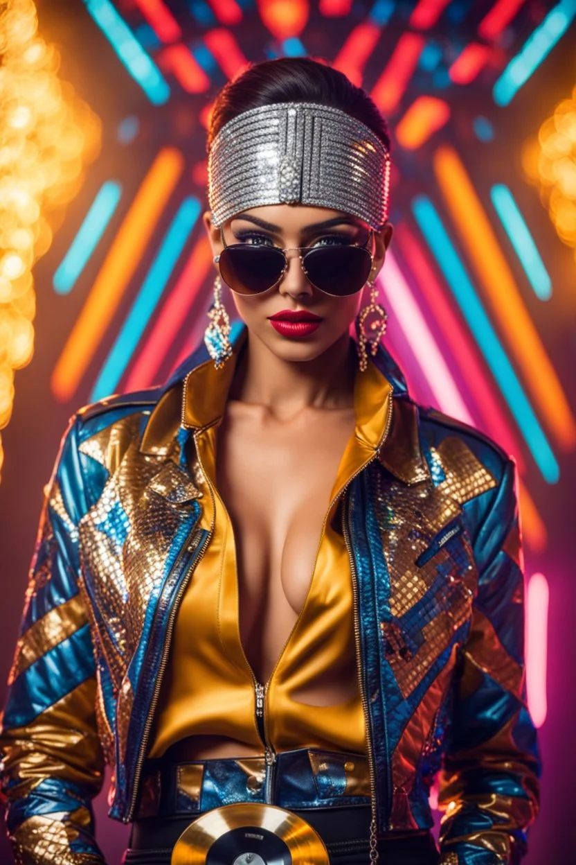 Full body Real photography beautiful woman super model European on fashion style dressing luxury jacket diamonds patterns,sunglasses,turn on music DJ player in disco club