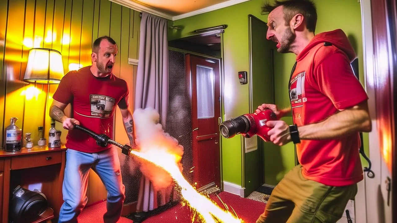 2 men in boxers spraying fire extinguisher at each other in motel room