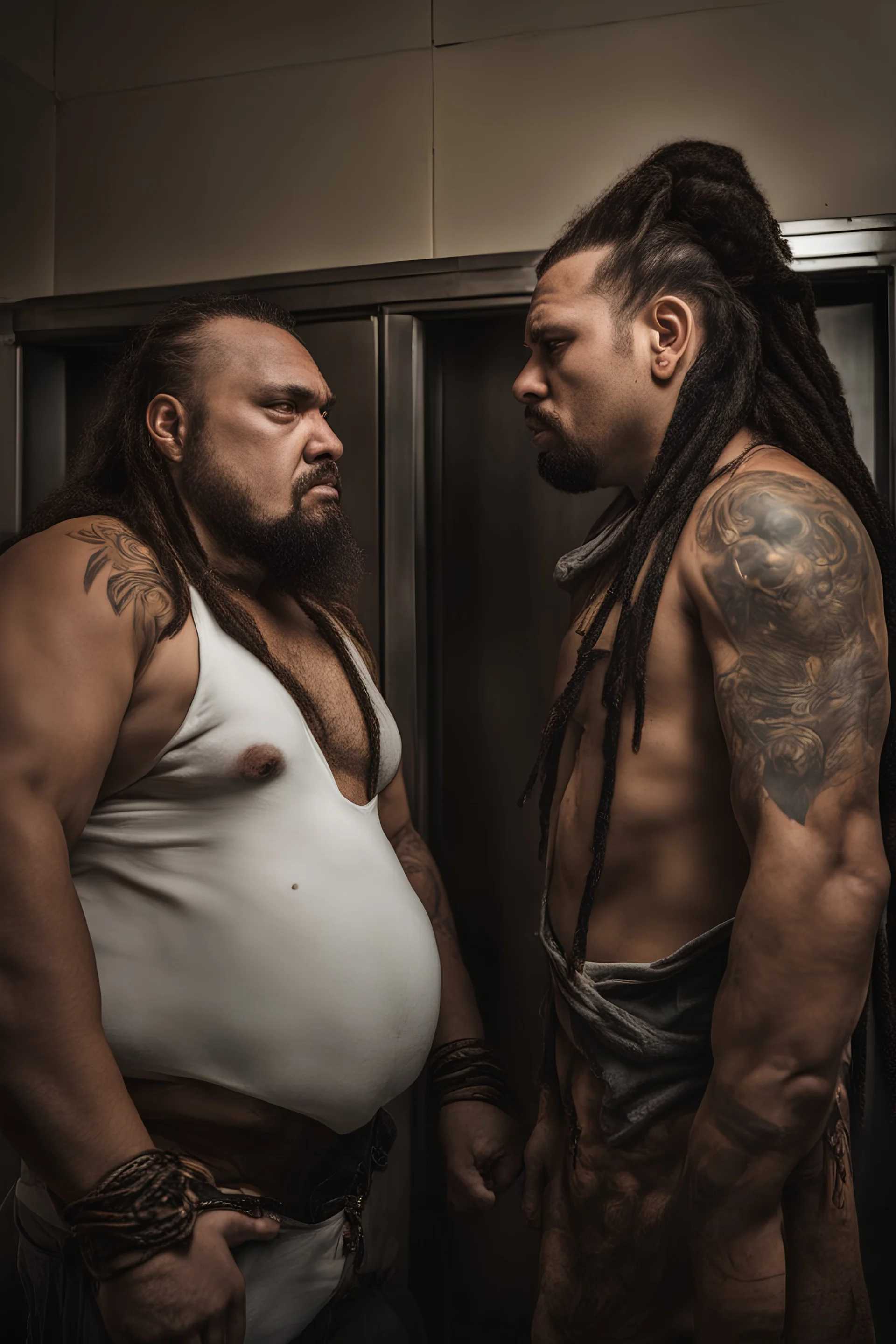 half figure shot photography of two ugly gypsies close, face to face, 30 years old with dreadlocks, overweight muscular chubby, tattoo, beard, bullneck, shirtless, manly chest, hairy torso , embraced, broken short pants,, angry eyes, in an elevator, top light, ambient occlusion, photorealistic, side view from the ground