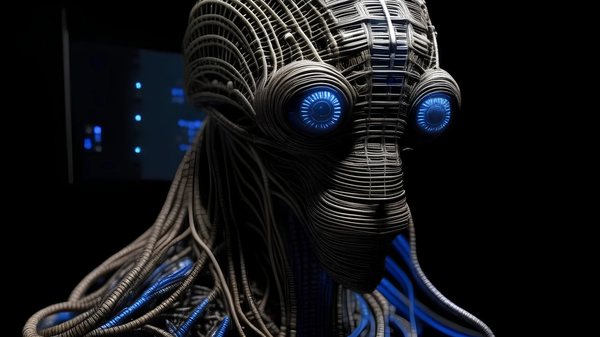 Hypnotic Alien made out of Ethernet cables simulating the internet