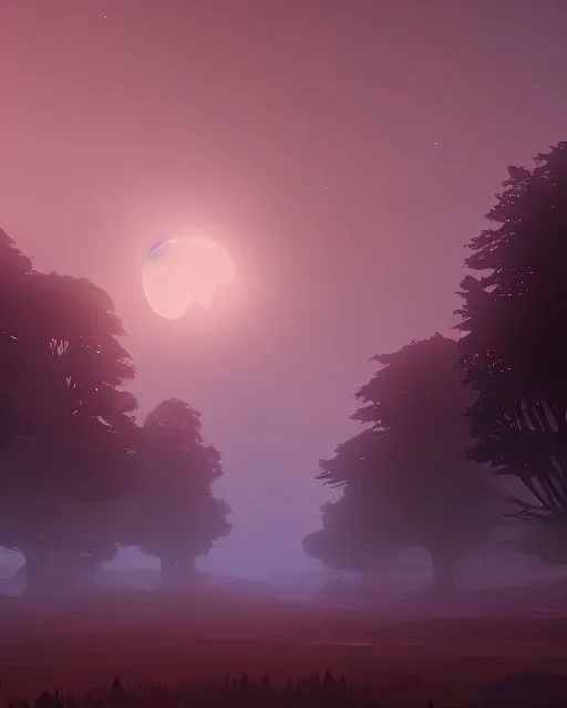 Landscape at night trees in the mist with moon in the background, bitds in the sky, red mars