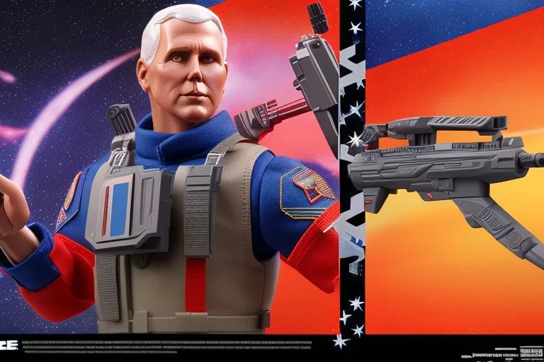 Mike Pence G.I. Joe toy Doll With a gun and Space force uniform inside blister packaging hanging on a Wallrack in toystore, fluorescent, wide angle shot whole body, black boots, laser, Thumbs up, pricetag, Jetpack,fullsize